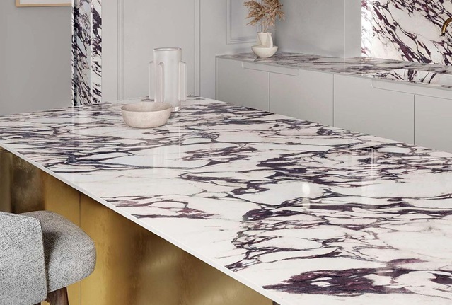 a photo of a Calacatta Viola inspired worktop by nfinity Surfaces