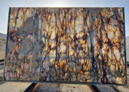 A close-up of a semi-translucent Patagonia Quartzite slab