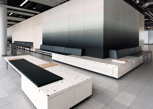 Above: The white terrazzo surface at Schiphol Airport seating areas has proven to be an excellent selection owing to its durability.