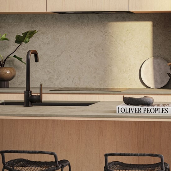 Caesarstone Mosstone worktops and a matching splashback