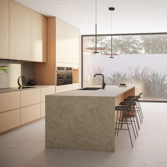 a Caesarstone Mosstone kitchen island and wooden cabinets