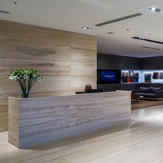 a roman travertine worktop in an office's reception area