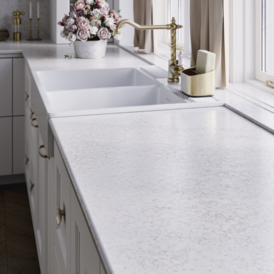 a Technistone Country Rose worktop in a kitchen