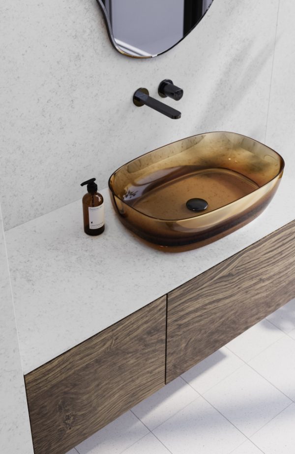 a bathroom with a Technistone Wedding worktop