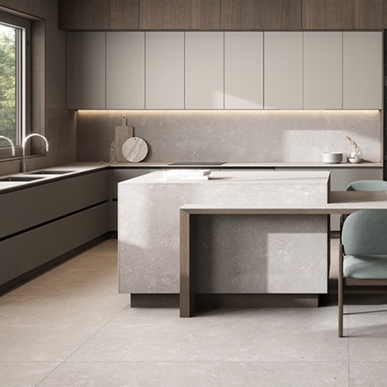 a kitchen with Ascale Dune Gray worktops