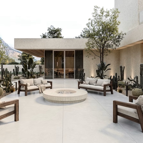 a patio with Dekton Ava walls, floors, and work surfaces