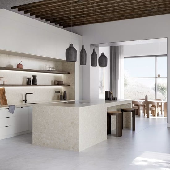 a kitchen with Dekton Ava worktops, wall and shelves