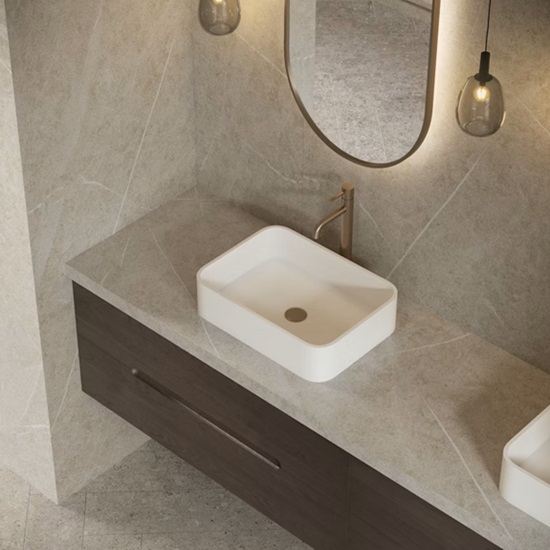 a Dekton Adia vanity top and a white porcelain basin