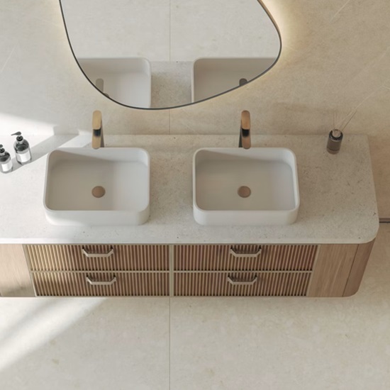 a bathroom with a Dekton Polar Vanity top