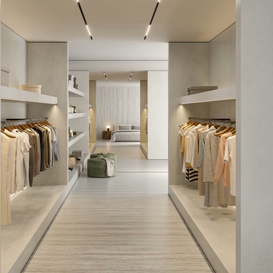 a clothing store with Dekton Sandik floor tiles