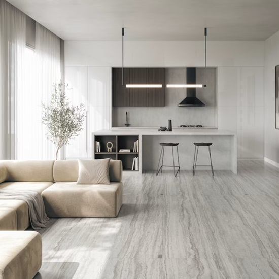 a white kitchen with Dekton Sandik worktops