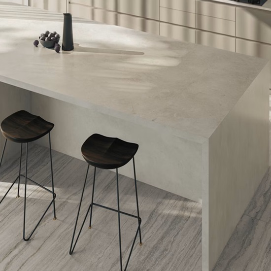 Dekton Sandik kitchen island with a waterfall