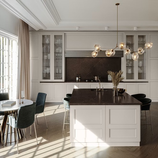 a white kitchen with Silestone Chateau Brown worktops and an island