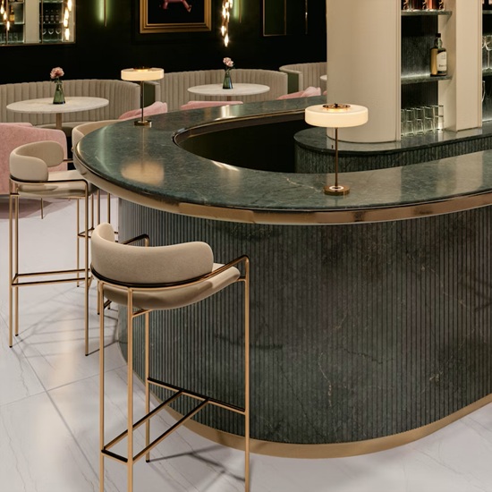 a round bar countertop made from Silestone Jardin Emerald