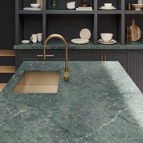 a Silestone Jardin Emerald green quartz kitchen island