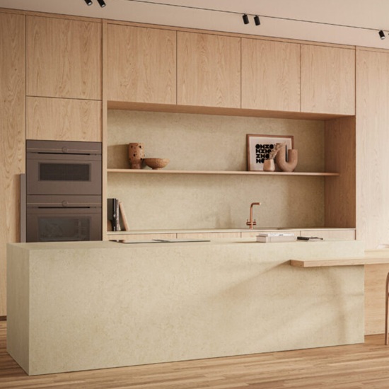 a Caesarstone Marbannova kitchen island wrap around in a kitchen