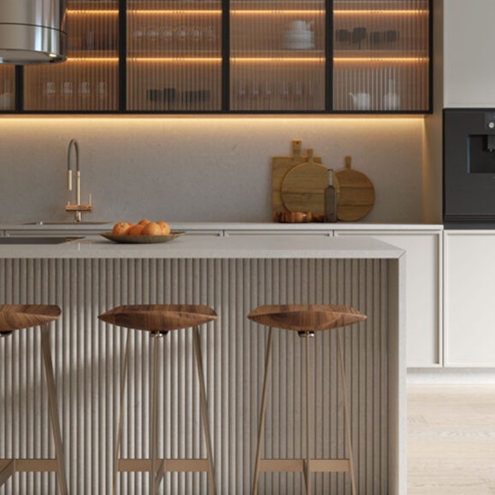 a kitchen with Caesarstone Pebble quartz