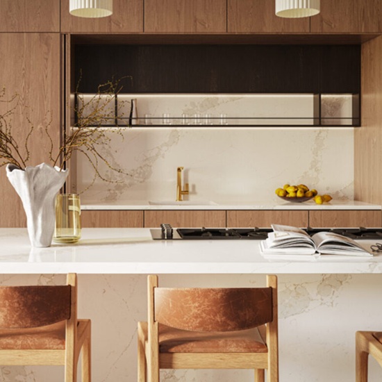 a kitchen with Caesarstone Calacatta Nectar worktops
