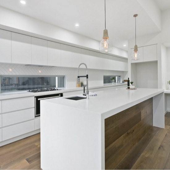Caesarstone Snow kitchen island waterfall