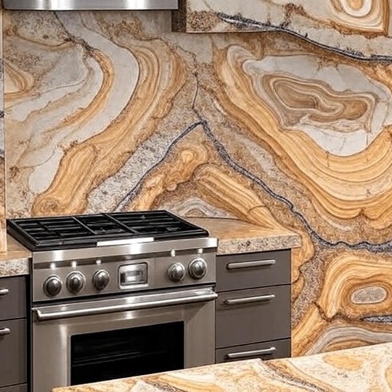 an ai image of a kitchen with Palomino Quartzite worktop and splashback