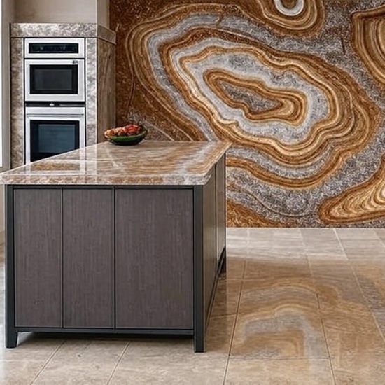 an ai image of a kitchen with a palomino quartzite island and wall