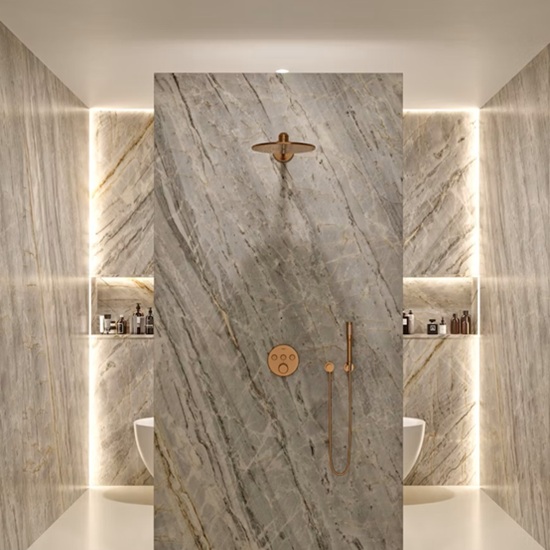 a bathroom wall with Sensa Marau quartzite