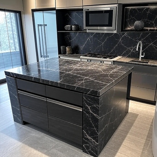 an ai image of a modern kitchen with Sensa Oihana worktops
