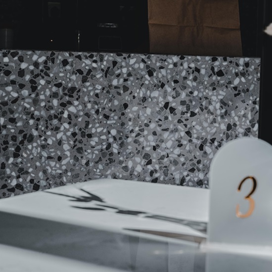 light brown Terrazzo Farnese splashback in a kitchen