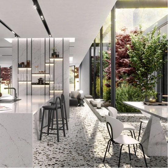 a kitchen with white and brown Terrazzo Palladio Rialto worktops