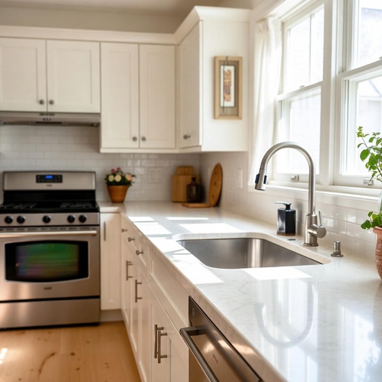 an ai image of Calacatta Gold Santorini kitchen countertops