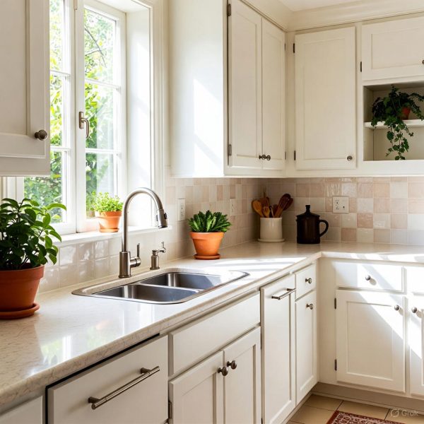 an ai image of Calacatta Gold Santorini kitchen countertops