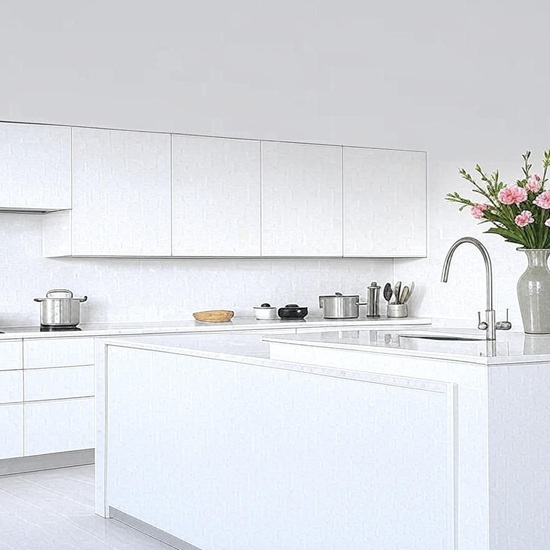 Super white Giant Quartz kitchen island waterfall