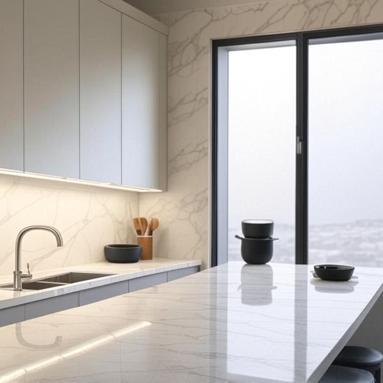 an ai image of Atlantic Calacatta Quartz countertops