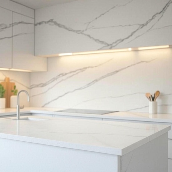 an ai generated image of Calacatta White Alaska kitchen worktops