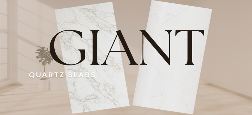 Giant quartz slabs with marble-look veining displayed in elegant style – affordable seamless worktops for luxury kitchens and bathrooms in London