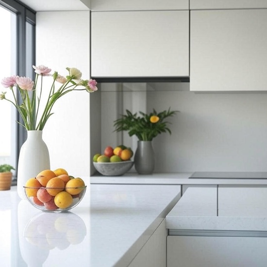 White Carrara Light Quartz Giant kitchen