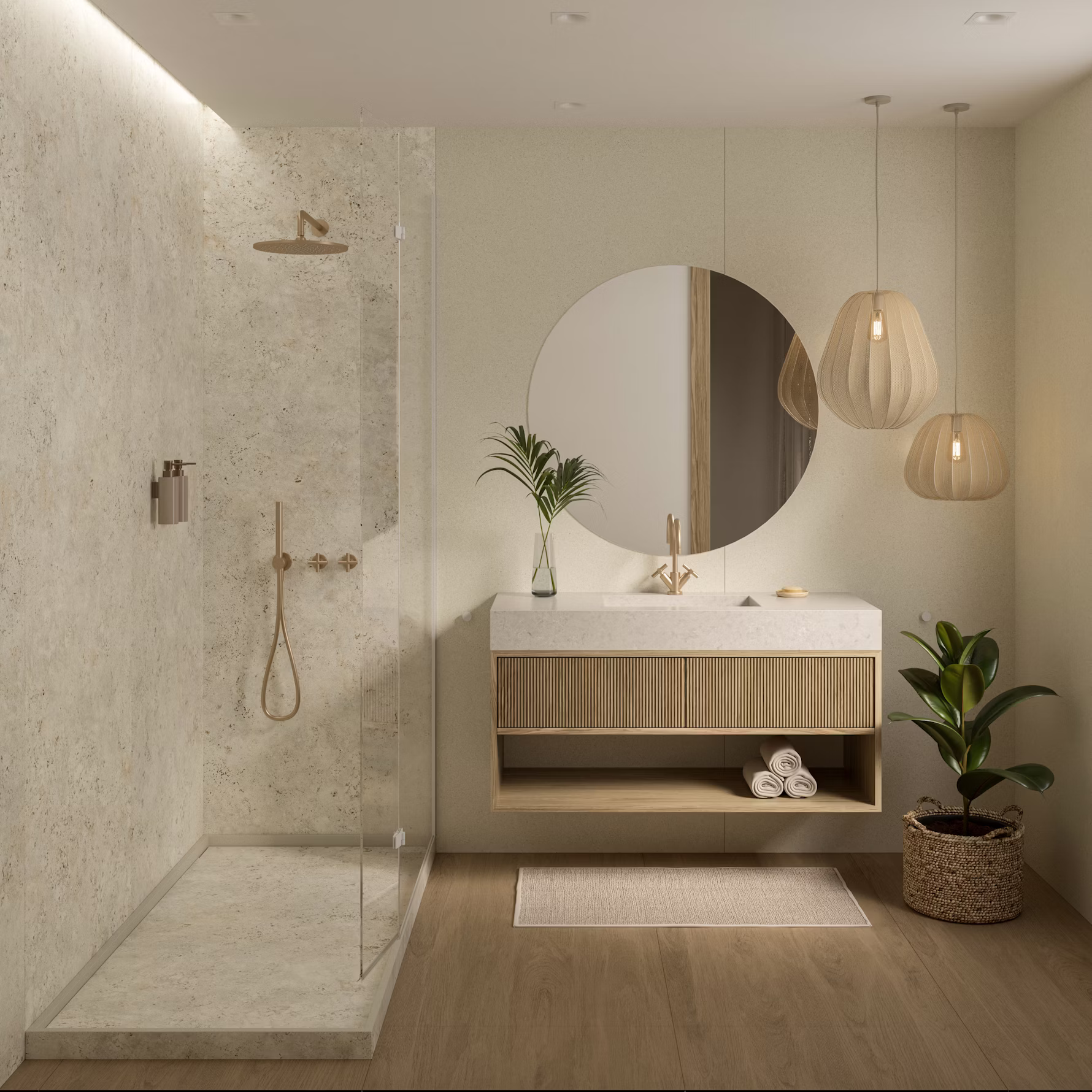 Dekton Kedar flooring in a stylish bathroom with floating vanity, sink, and plants