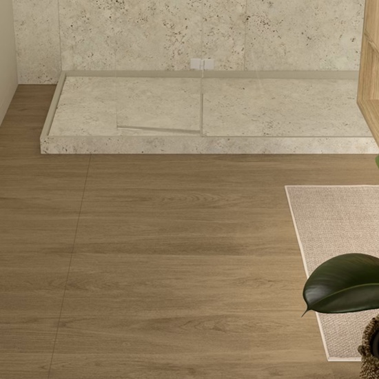 Close-up texture of Dekton Kedar wood-effect surface showing warm oak grain