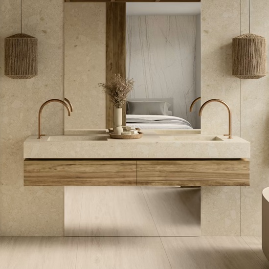 Dekton Zira vanity top in a luxurious bathroom with double sinks, mirror, and pendant lights