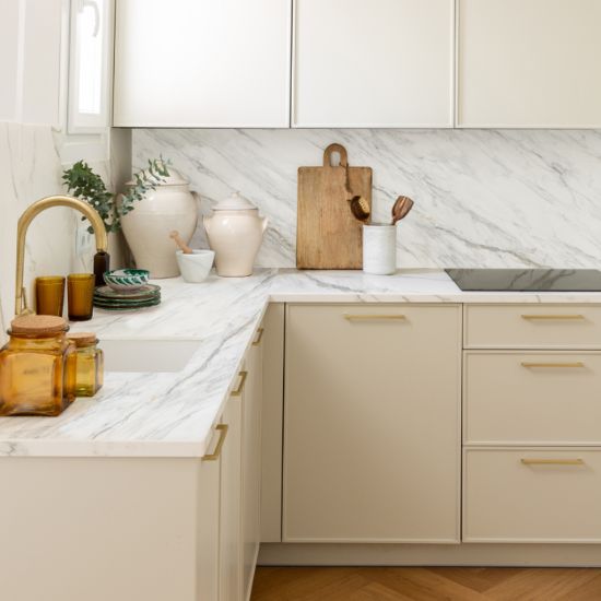 Neolith Azure Porcelain Worktops in Beige Kitchen - Durable Countertops UK