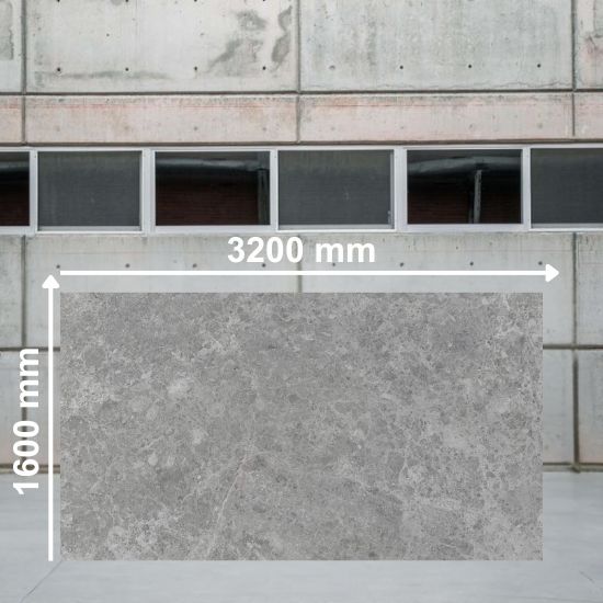 ll 3200mm x 1600mm slab of Neolith Cappadocia Sunset sintered stone in grey veined effect shown outdoors