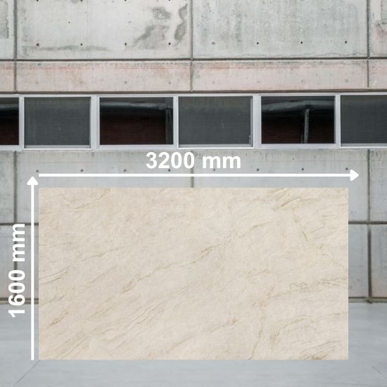 Full 3200mm x 1600mm slab of Neolith Taj Mahal sintered stone in creamy white with golden veining displayed outdoors