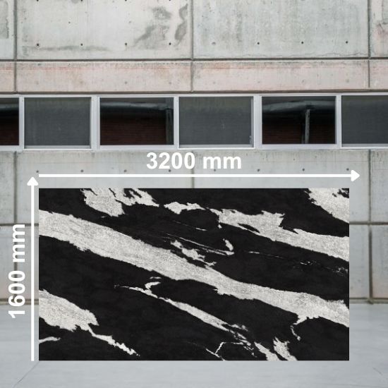 Full 3200mm x 1600mm slab of Neolith Victoria sintered stone showing black with white veining pattern outdoors