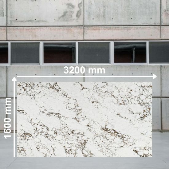 Full slab of Arabescato Levanto Supreme quartz measuring 3200 mm by 1600 mm, white with brown and grey veins, in a warehouse display