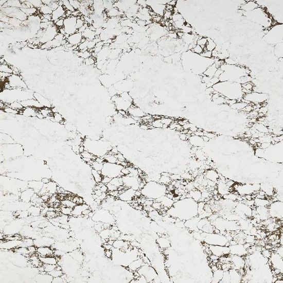 Detailed close-up of Arabescato Levanto Supreme quartz texture, white background with flowing brown and grey arabescato veins