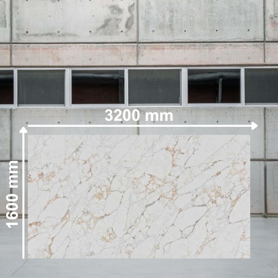 Full slab of Arabescato Oro quartz measuring 3200 mm by 1600 mm, white with gold and grey veins, displayed in a warehouse setting from Essex Quartz Collection