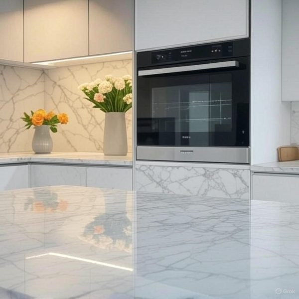 Arabescato Oro quartz worktop in modern kitchen with built-in oven, orange and white flowers, and reflective white surface with gold veins from Essex Quartz Collection