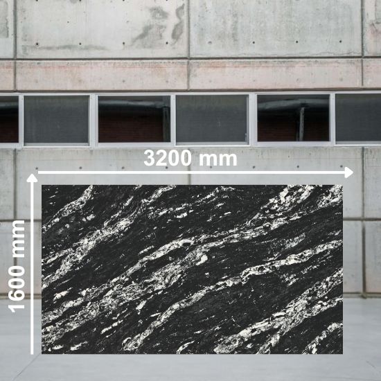 Full slab of Black Forest quartz measuring 3200 mm by 1600 mm, black with swirling white veins, displayed in a warehouse setting