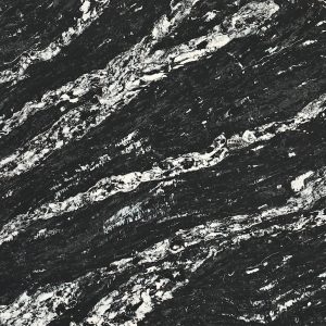 Zoomed-in detail of Black Forest quartz pattern, featuring black quartz with dynamic white swirls and veins