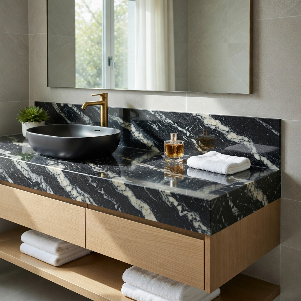 Black Forest quartz bathroom vanity top in black with white veins, featuring black bowl sink, gold faucet, succulent plant, perfume bottles, and white towels in a modern bathroom